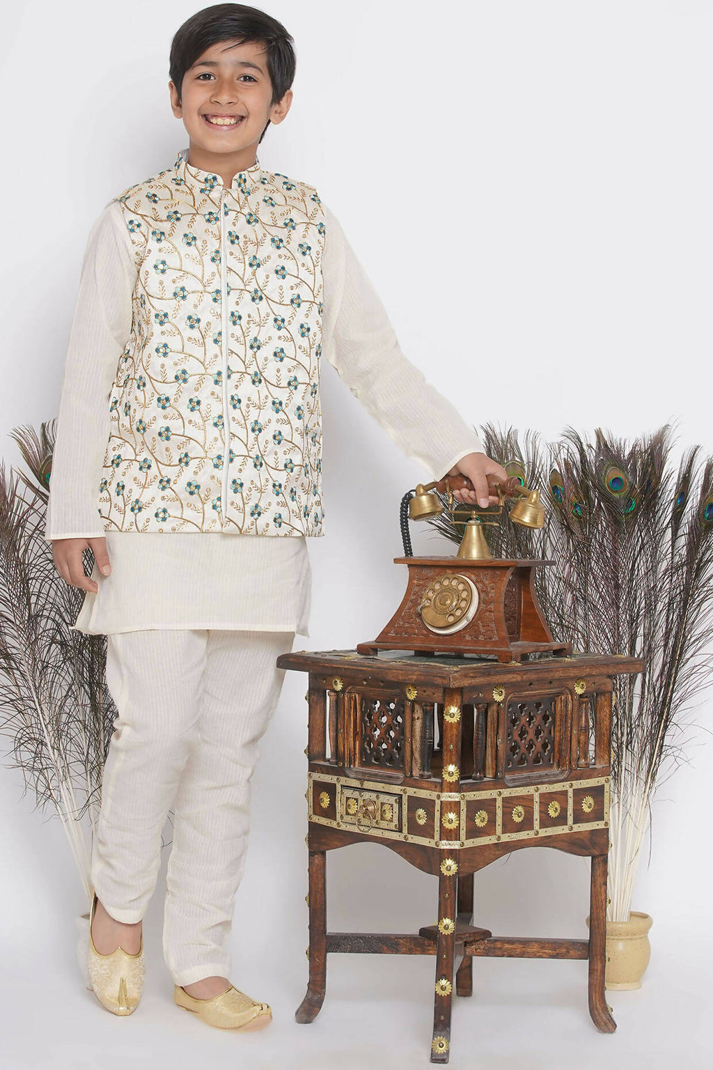 Little Bansi Banarsi Silk Blue Floral Embroidery Jacket with Cotton Kantha kurta and Kantha Pyjama - Cream