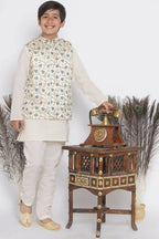 Little Bansi Banarsi Silk Blue Floral Embroidery Jacket with Cotton Kantha kurta and Kantha Pyjama - Cream