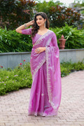 Vastranavya Light Pink Embroidery Work Shimmer Chiffon Saree with Unstitched Blouse - Distacart