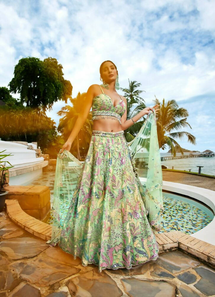 House of Panchhi Lime Green Organza Sequins And Mirror Embroidery Lehenga Choli & Dupatta