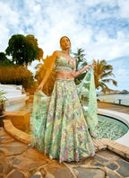 House of Panchhi Lime Green Organza Sequins And Mirror Embroidery Lehenga Choli & Dupatta