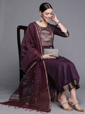 Indo Era Solid Wine Straight Kurta Palazzo With Dupatta Set