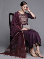 Indo Era Solid Wine Straight Kurta Palazzo With Dupatta Set