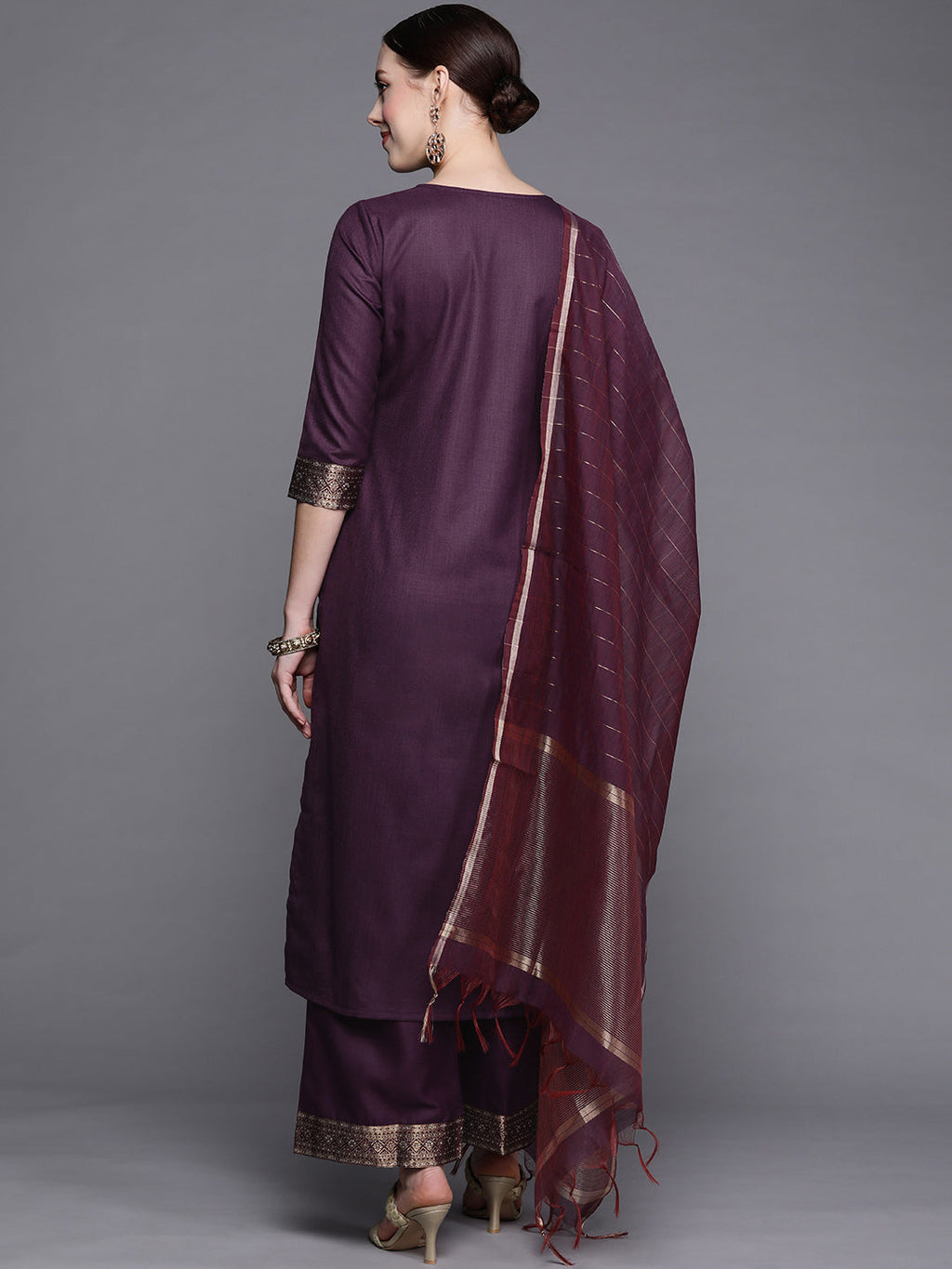Indo Era Solid Wine Straight Kurta Palazzo With Dupatta Set