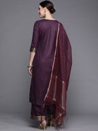 Indo Era Solid Wine Straight Kurta Palazzo With Dupatta Set