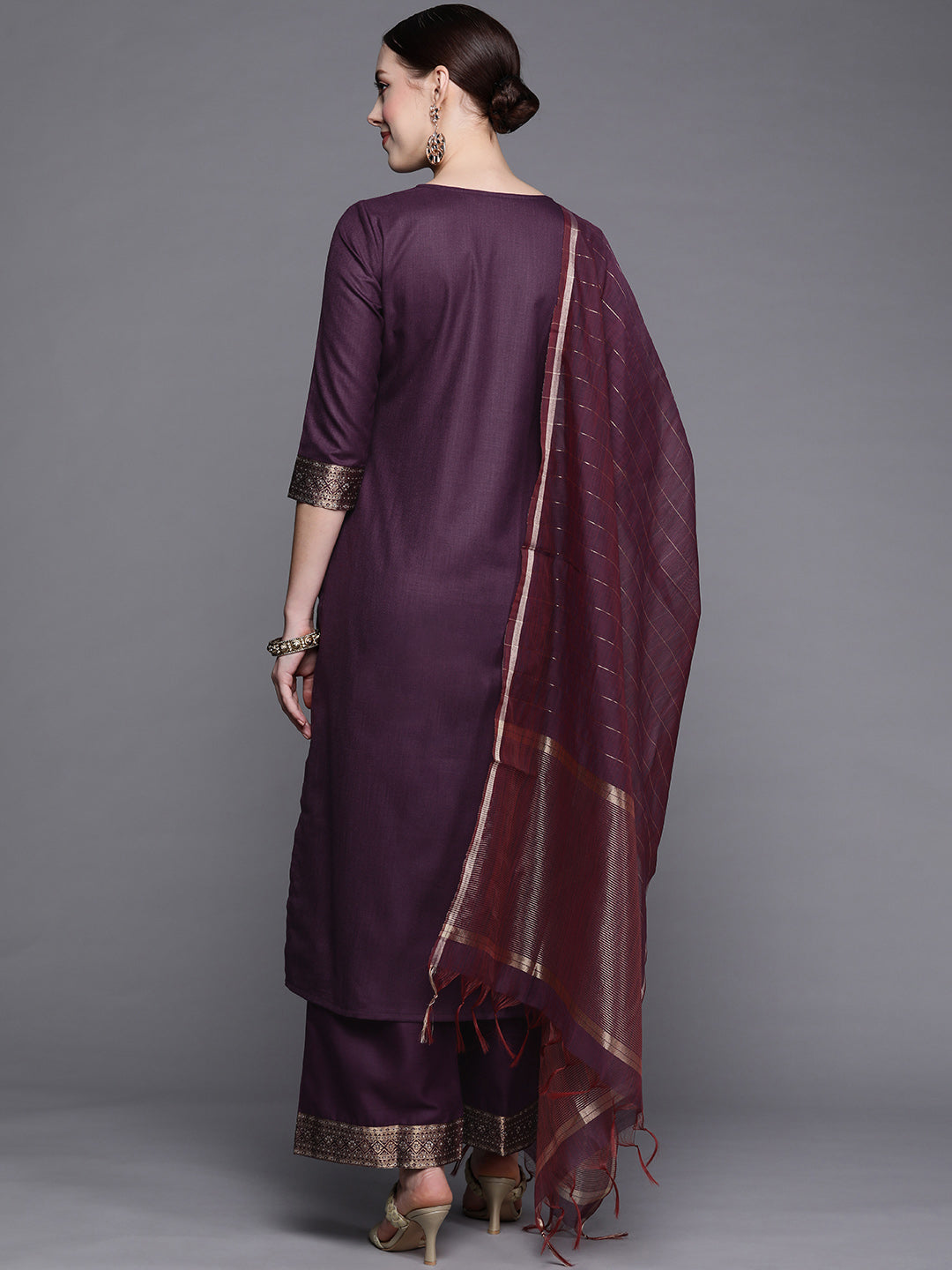 Indo Era Solid Wine Straight Kurta Palazzo With Dupatta Set
