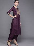 Indo Era Solid Wine Straight Kurta Palazzo With Dupatta Set