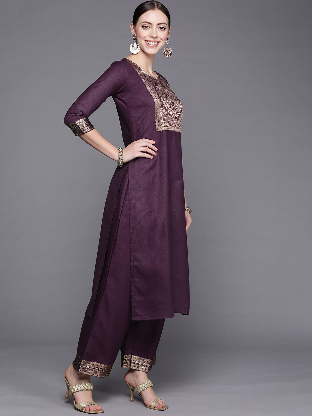Indo Era Solid Wine Straight Kurta Palazzo With Dupatta Set