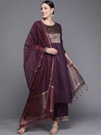 Indo Era Solid Wine Straight Kurta Palazzo With Dupatta Set