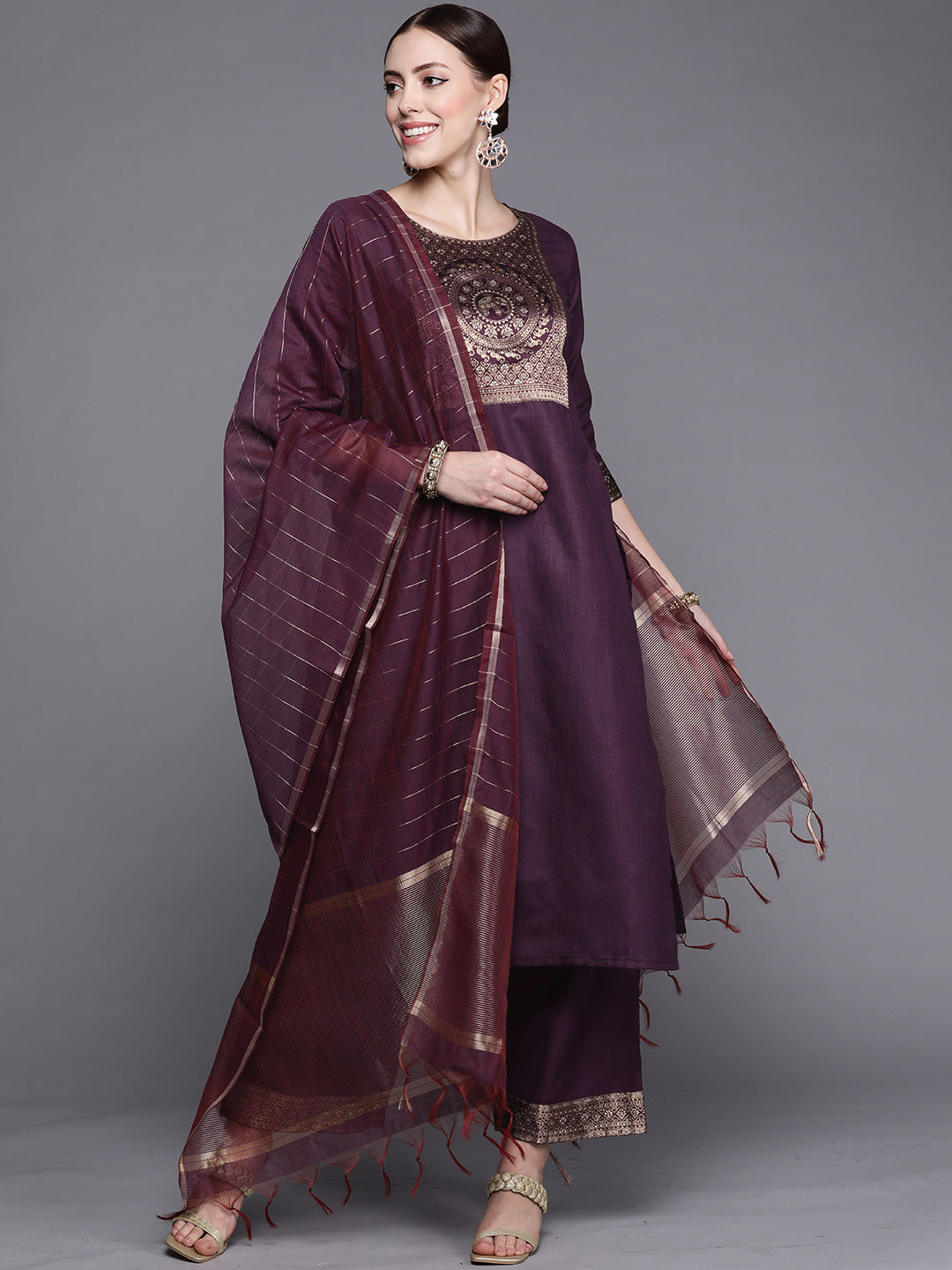 Indo Era Solid Wine Straight Kurta Palazzo With Dupatta Set