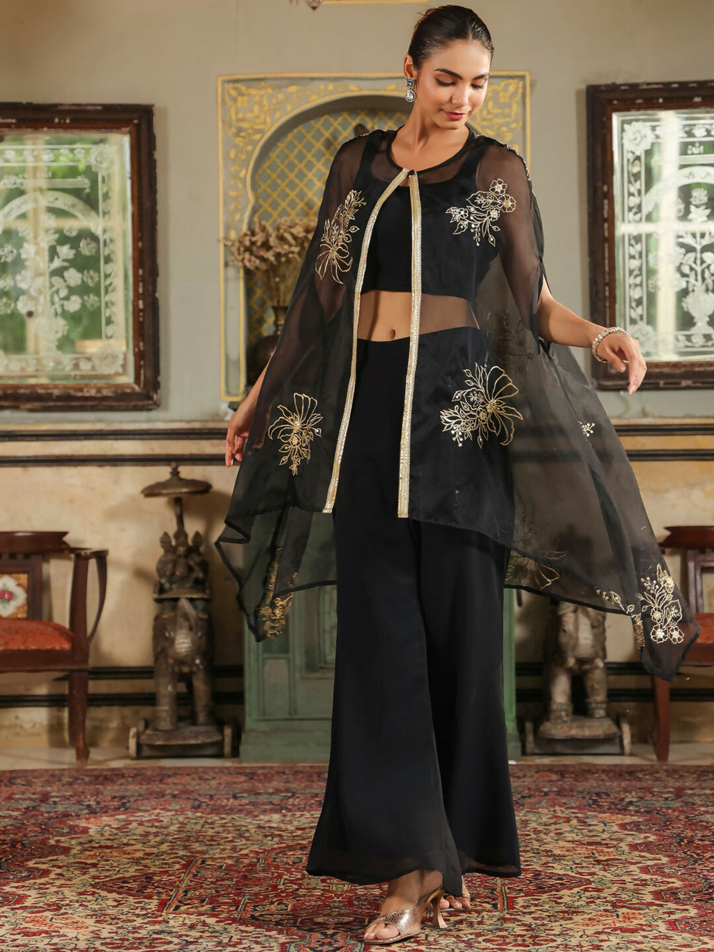 Janasya Black Georgette Solid Top Bottom Cape