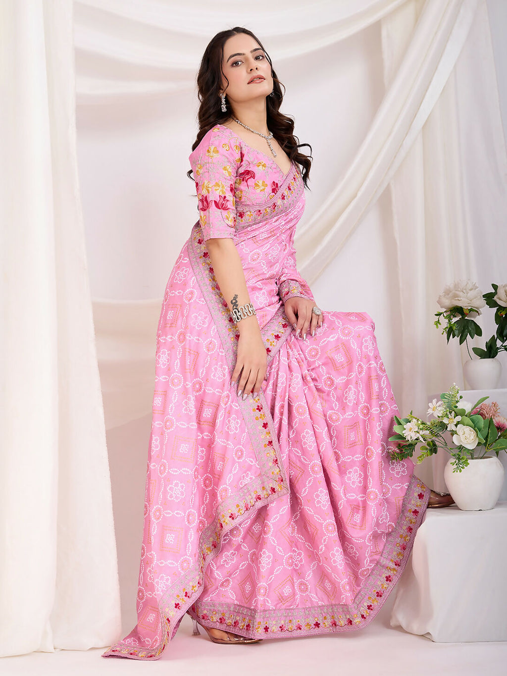 Pink Vichitra Silk Bandhani Printed, Embroidery Work Saree - Ditya
