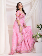 Pink Vichitra Silk Bandhani Printed, Embroidery Work Saree - Ditya