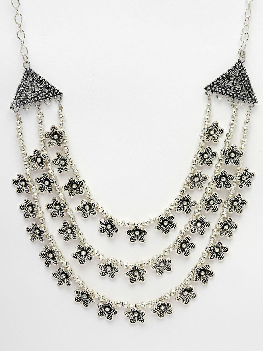 NVR Women's 3 Layered Floral Shape Artificial Beads German Silver Oxidised Necklace