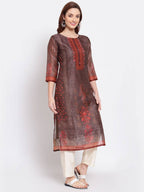 Myshka Women's Multi Printed Chanderi Silk 3/4 Sleeve Round Neck Casual Kurta