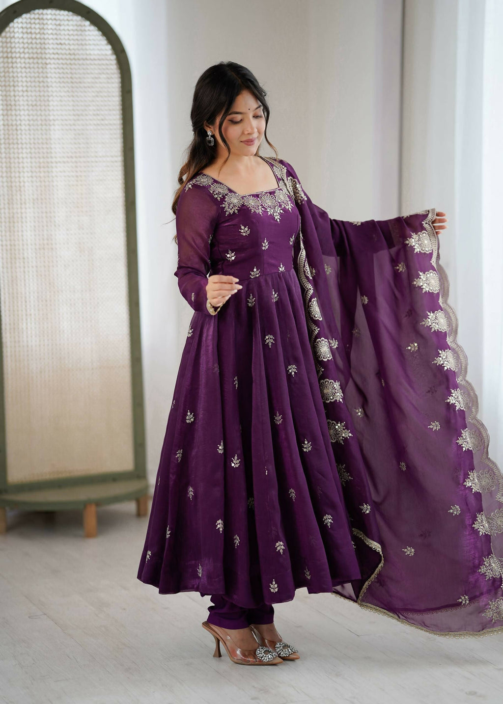 Teeya Creation Wine Color Crunchy Silk Embroidery Work Wedding Wear Gown - Distacart