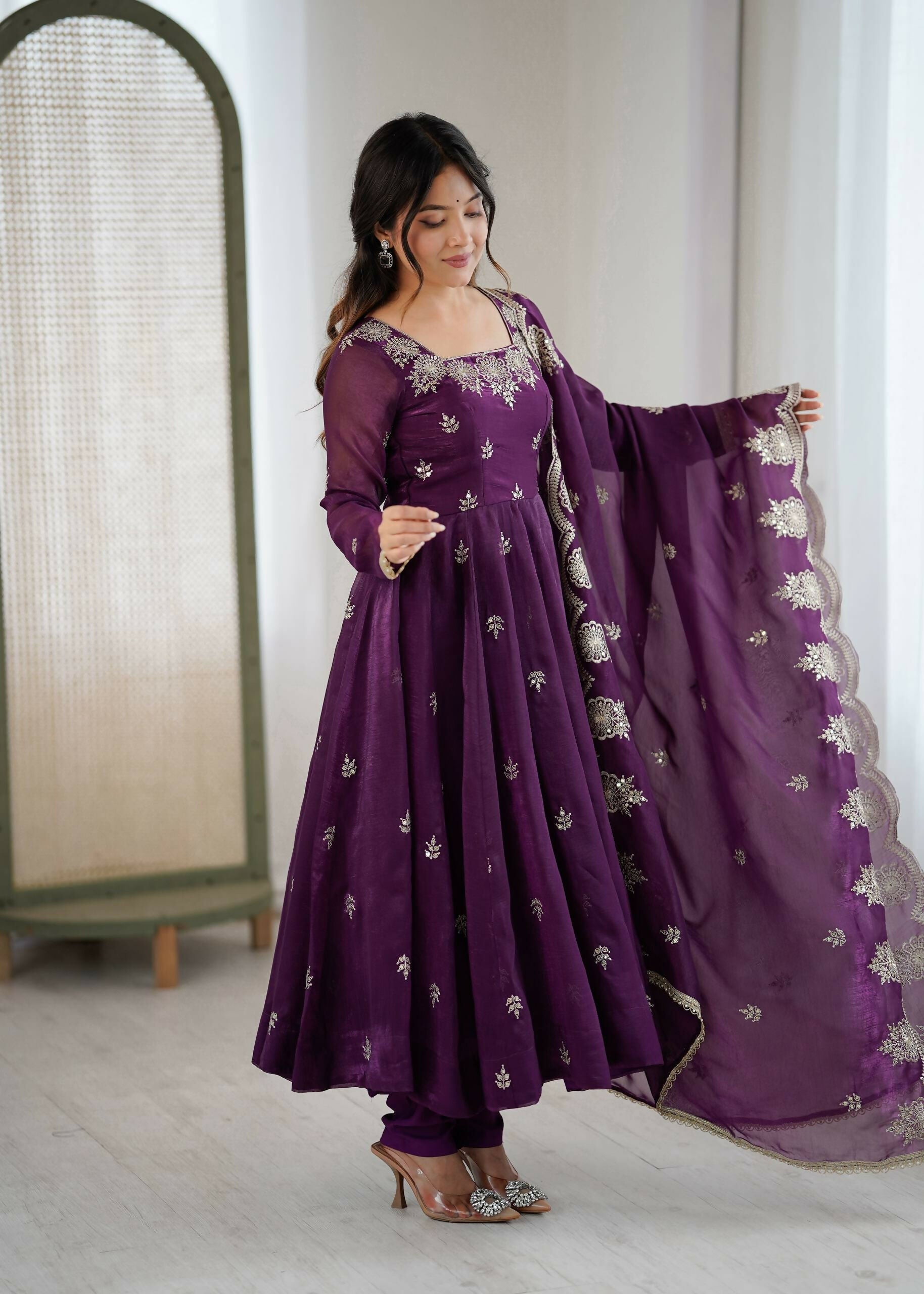 Teeya Creation Wine Color Crunchy Silk Embroidery Work Wedding Wear Gown - Distacart