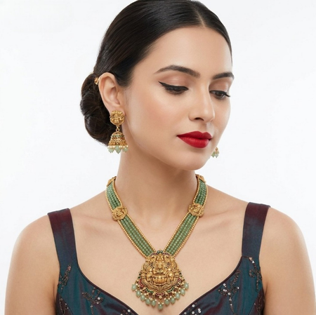 Jewel City Antique Gold-Plated Lakshmi Temple Necklace Set with Green Beads and Jhumkas