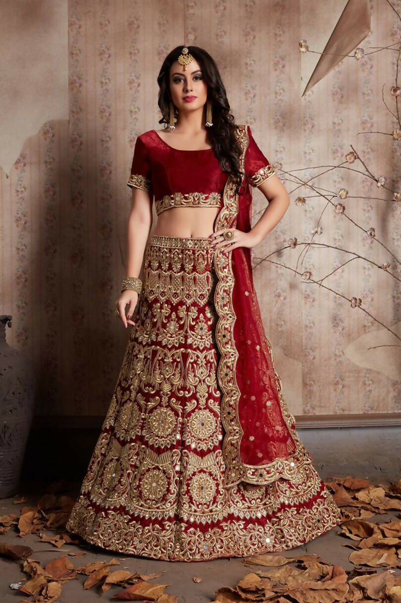 Jyoti Fashion Mesmerizing Red Sequins Embroidered Velvet Lehenga Choli with Dupatta