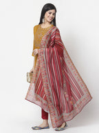 Myshka Women Mustard Viscose Embroidered 3/4 Sleeve Round Neck Kurta Pant Dupatta Set