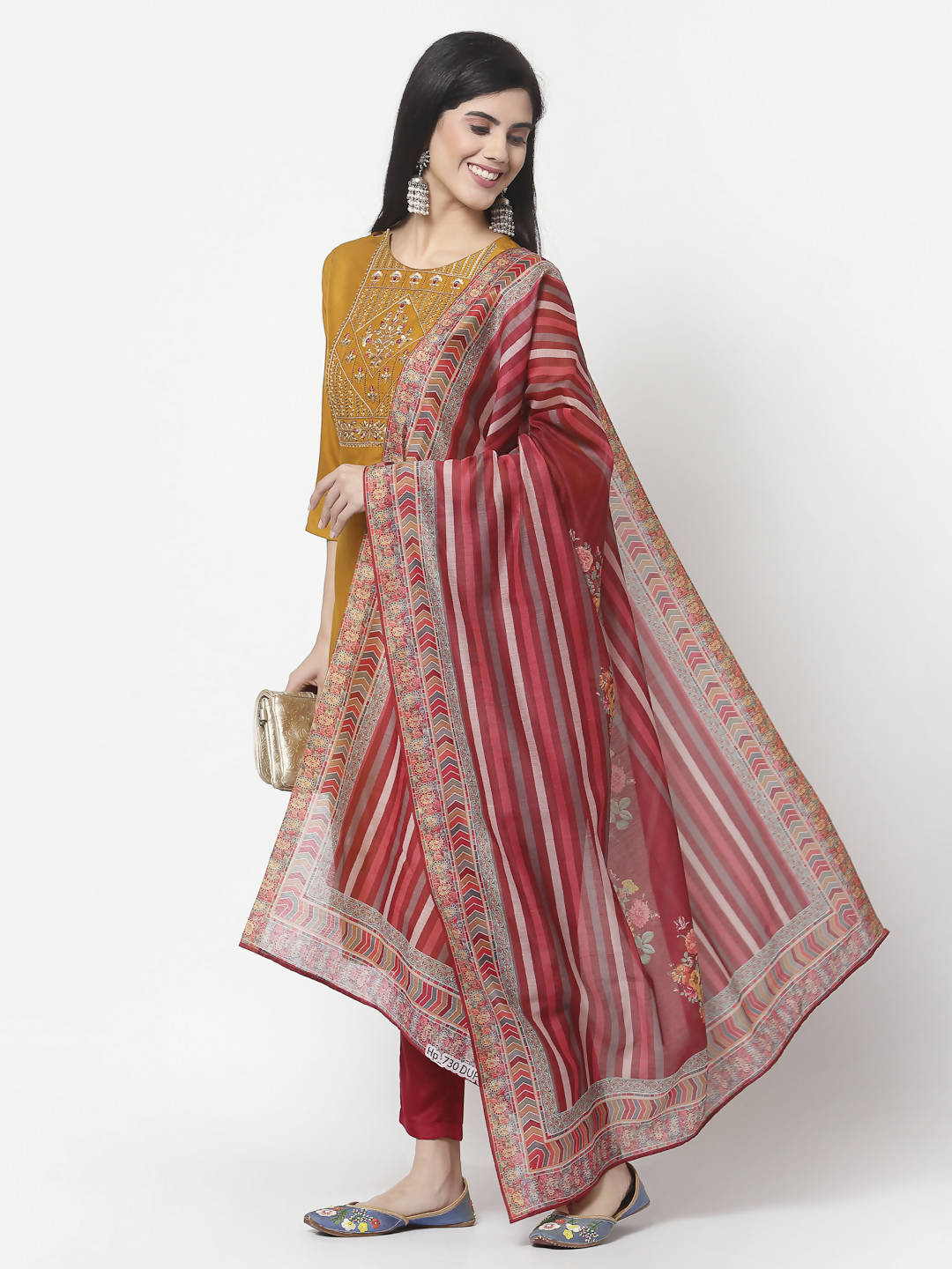 Myshka Women Mustard Viscose Embroidered 3/4 Sleeve Round Neck Kurta Pant Dupatta Set