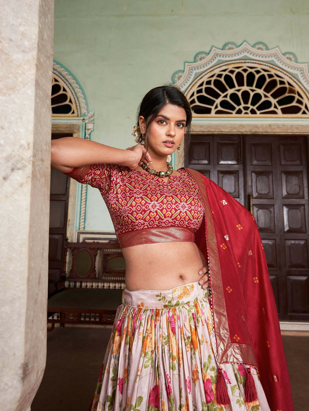 Vastranavya Exquisite Tussar Silk Lehenga Set With Perfect Floral And Patola Print Design Lehenga Choli - Red