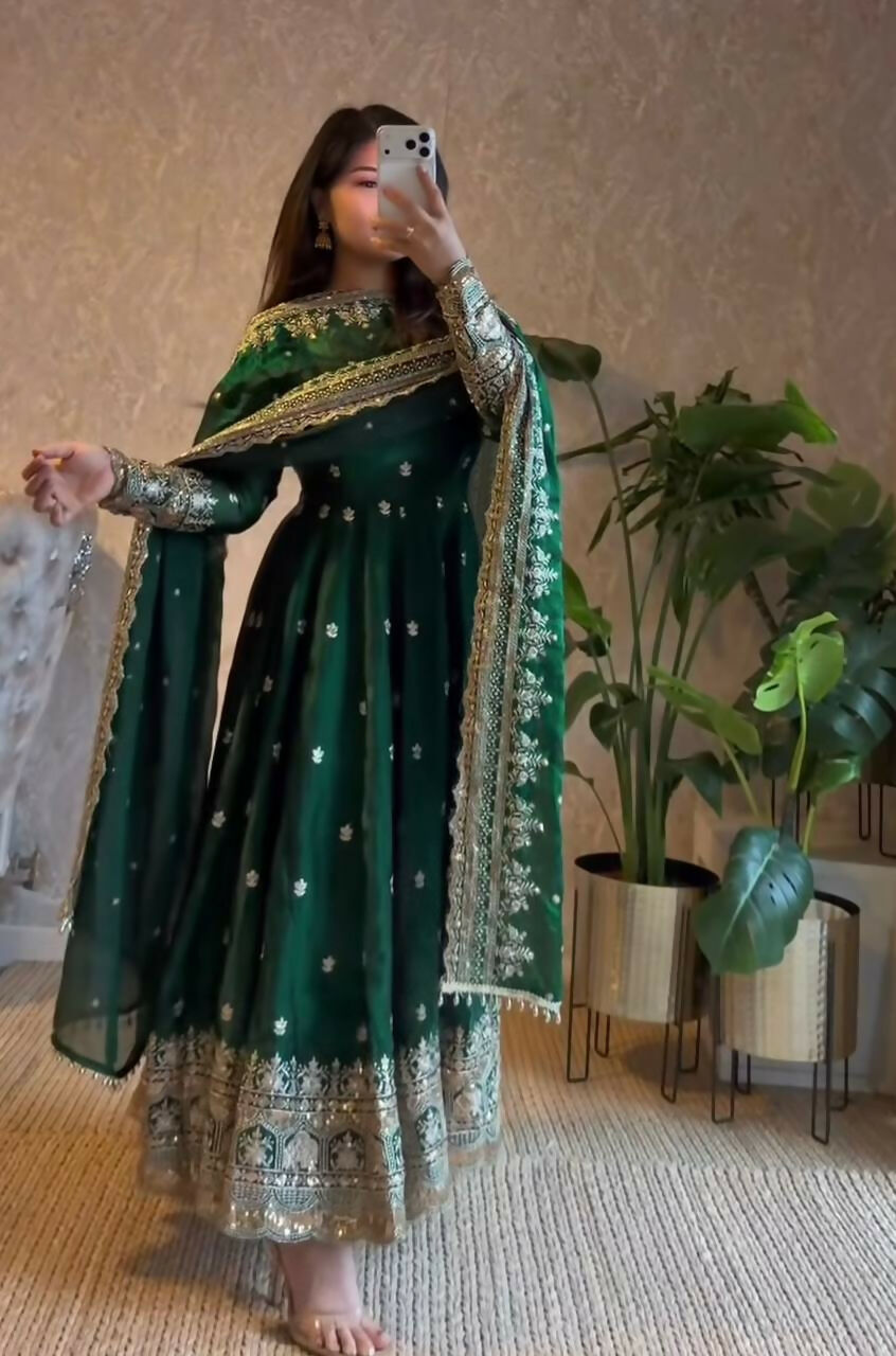 Teeya Creation Green Fendi Silk Designer Heavy Work Wedding Wear Long Gown