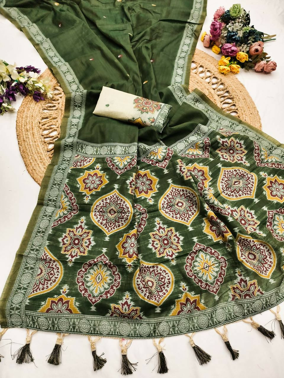 Vastranavya Green Muga Cotton Meenakari & Azarakh Pallu Saree with Contrast Blouse - Distacart