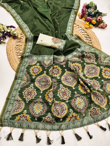 Vastranavya Green Muga Cotton Meenakari & Azarakh Pallu Saree with Contrast Blouse