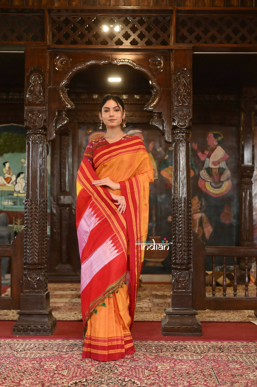 Very Much Indian Handloom Cotton Viscose Ilkal Saree Bright Mustard Yellow With Red Border - Distacart