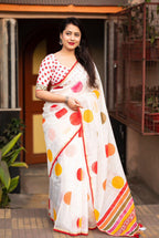 White Kota Silk Printed Saree with Unstitched Blouse - Hiral Fashion