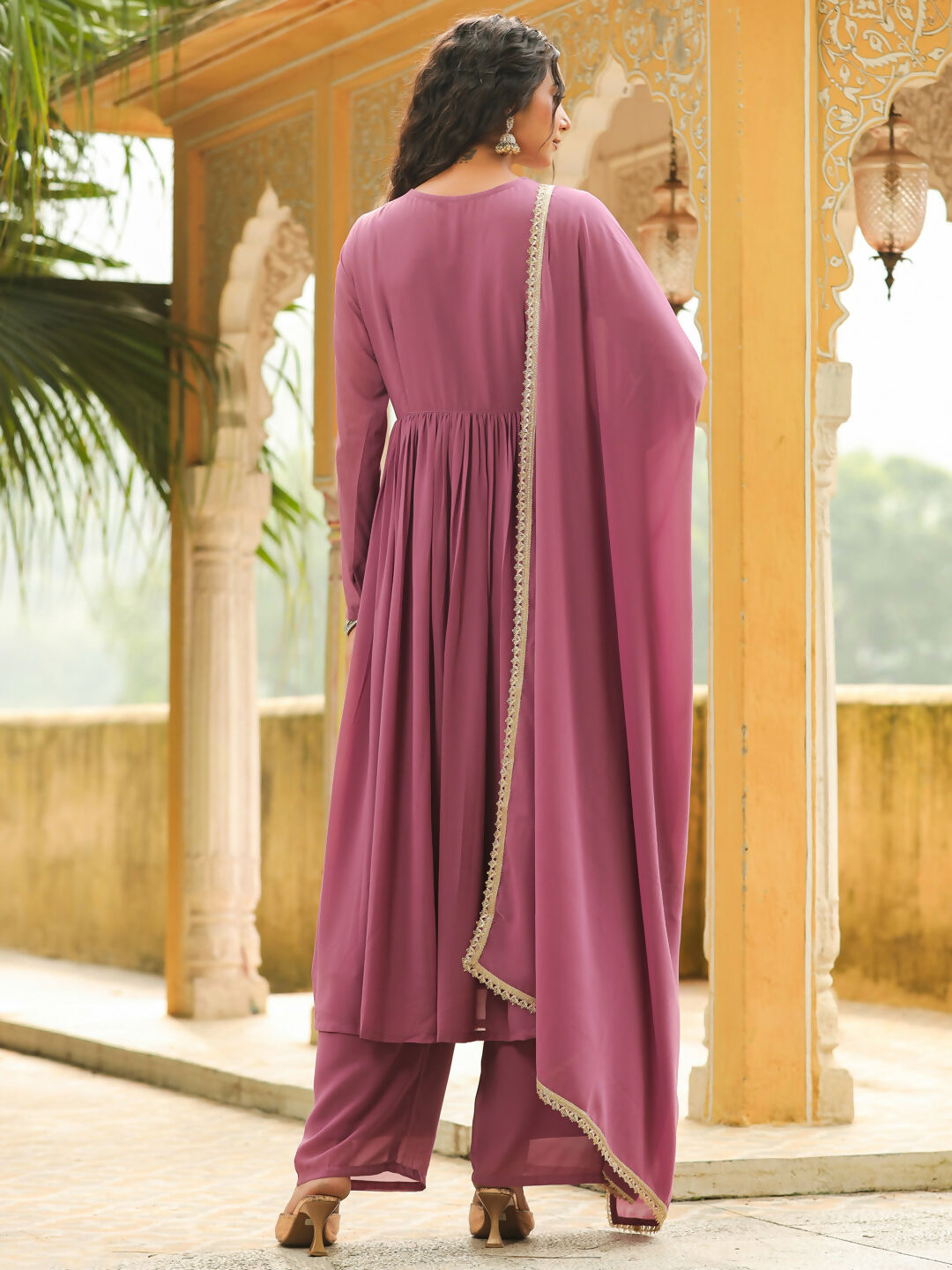 Janasya Lavender Georgette Yoke Embroidery Kurta,Bottom & Dupatta