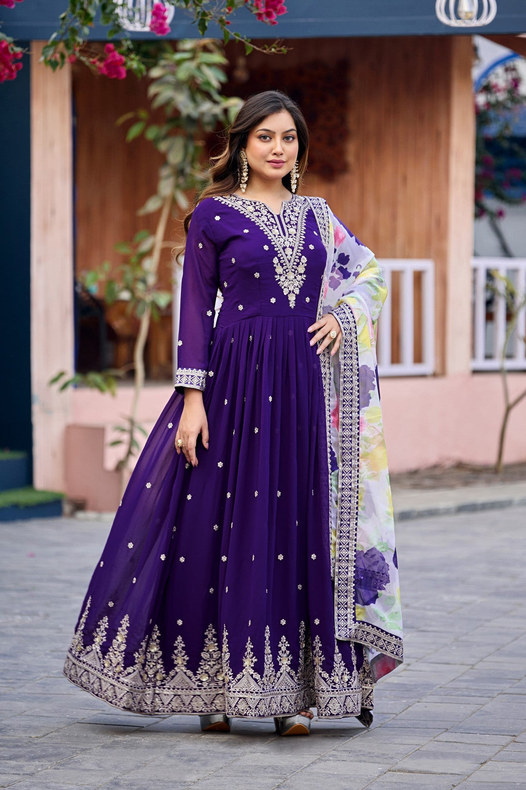 Anaita Purple Embroidered Georgette Stitched Anarkali Suit With Dupatta - Distacart