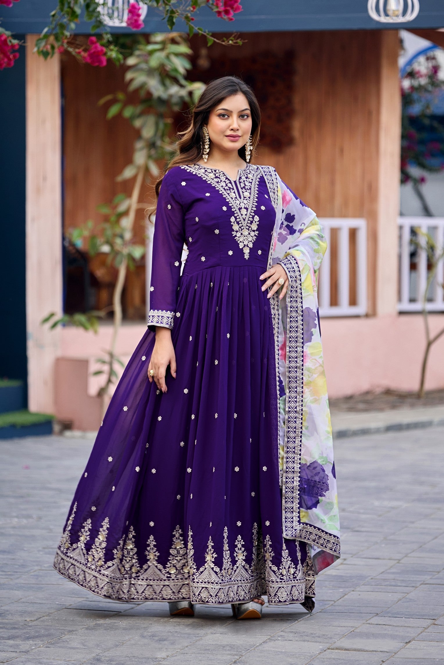 Anaita Purple Embroidered Georgette Stitched Anarkali Suit With Dupatta - Distacart