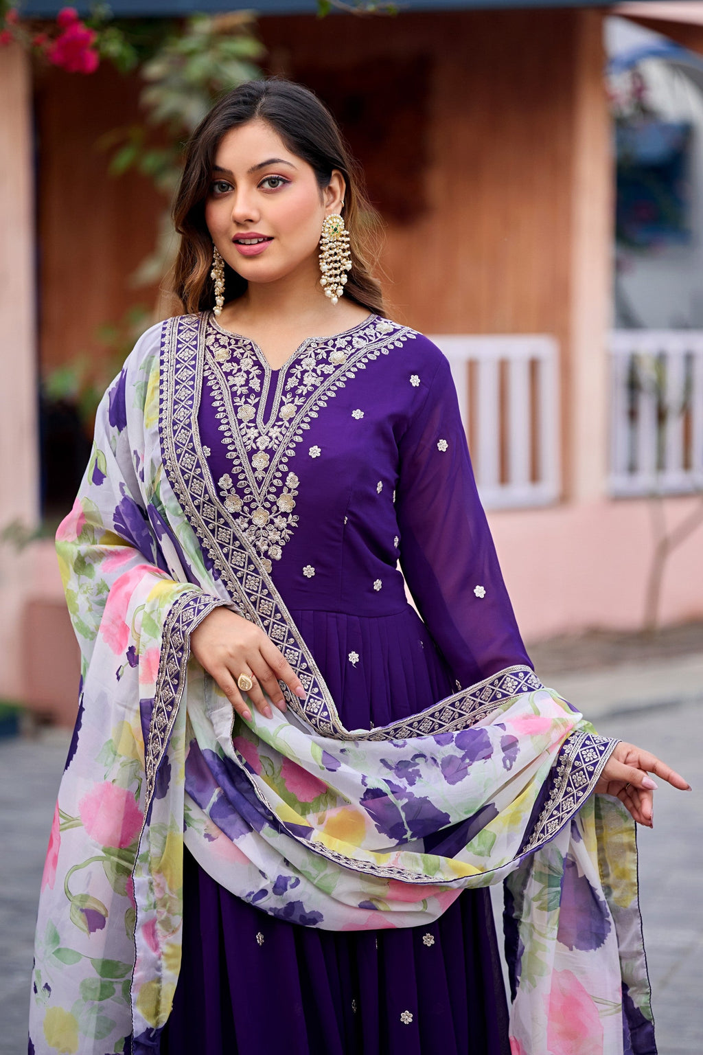 Anaita Purple Embroidered Georgette Stitched Anarkali Suit With Dupatta - Distacart