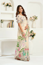 Vastranavya Cream Digital Printed Linen Ready To Wear Designer Saree with Unstitched Blouse - Distacart