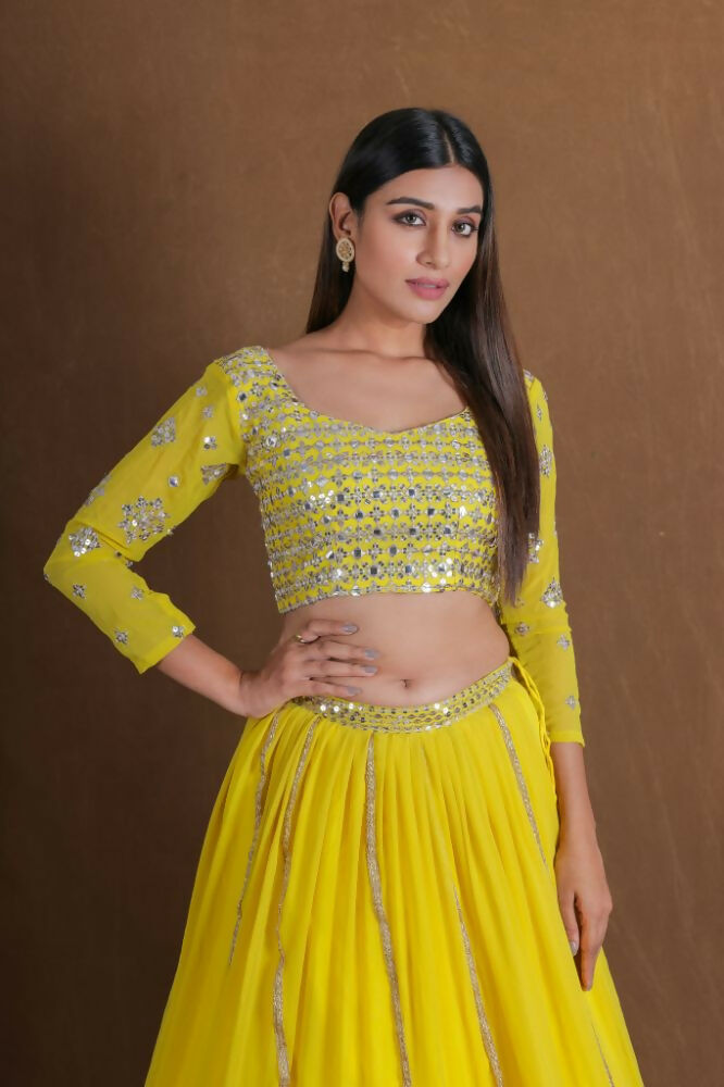 Yellow Georgette Zari Sequence Embroidery With Foil Mirror Work Lehenga Choli - Jihu Culture