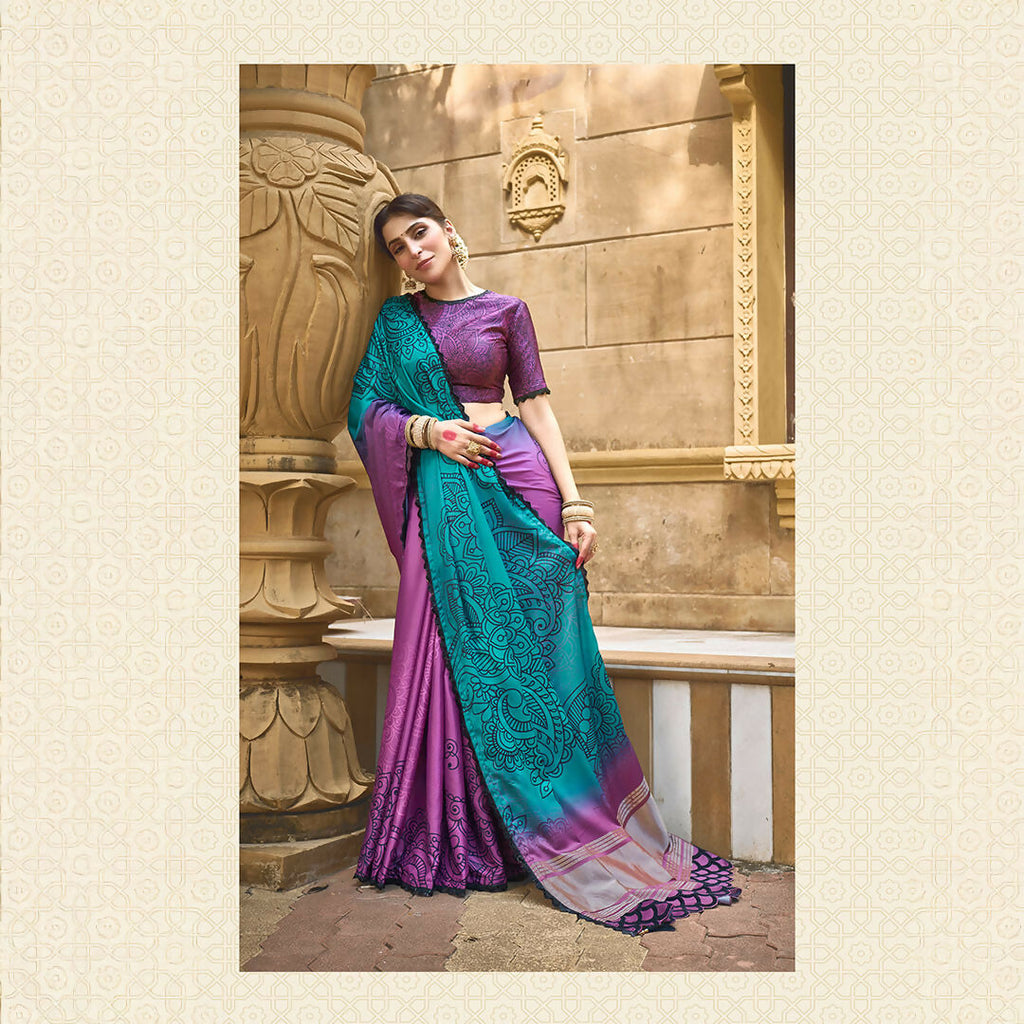 Purple & Blue Gajji Silk Pure Handwork Saree With Unstitched Blouse - Norita Gajri