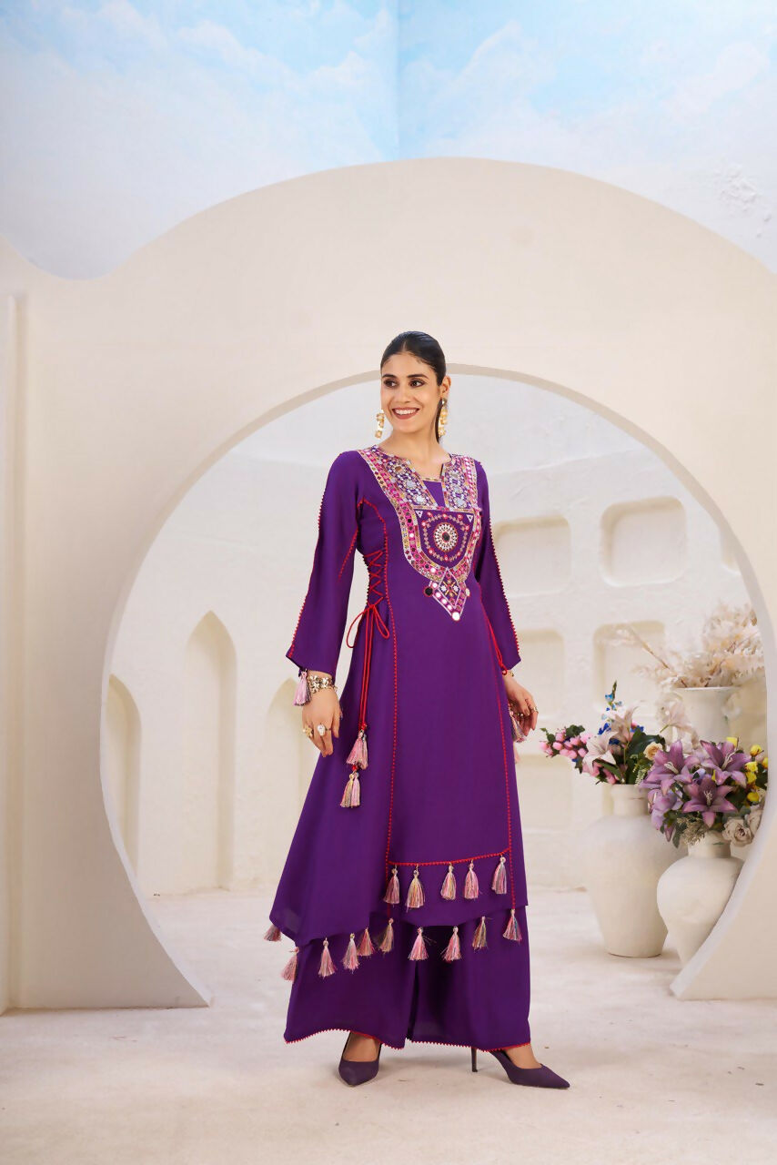 The52 Women's Gorgeous Rayon Fabric Thread Work Straight Kurta Palazzo Set - Distacart