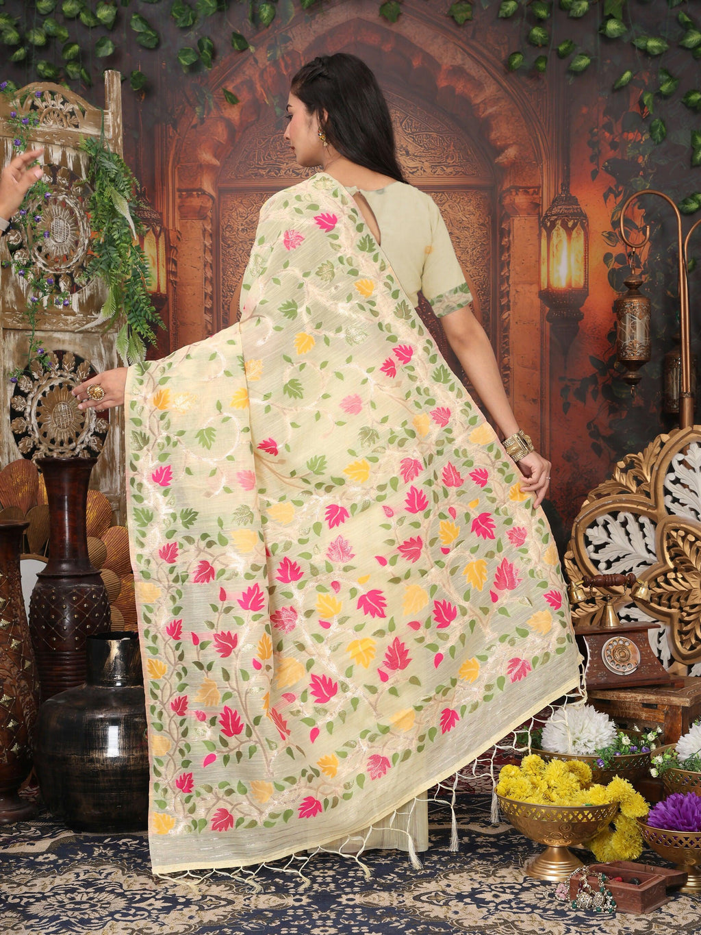 Shree Shyam Fashion Linen Cotton Cream Saree - Distacart
