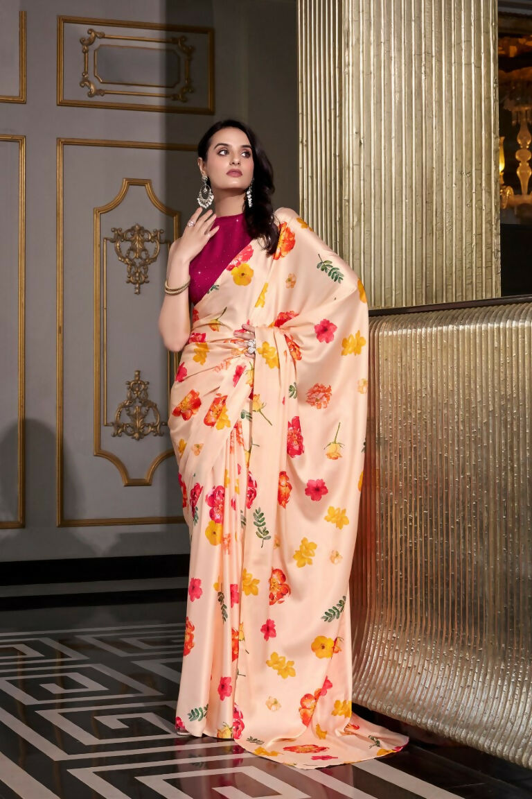 Vastranavya Cream Satin Silk Printed Saree with Hotfix Work Unstitched Blouse