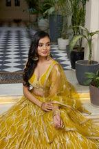 Aastha Fashion Mustard Yellow Butterfly Net White Cotton Thread Work And Sequence Work Embroidery Wedding Wear Lehenga Choli