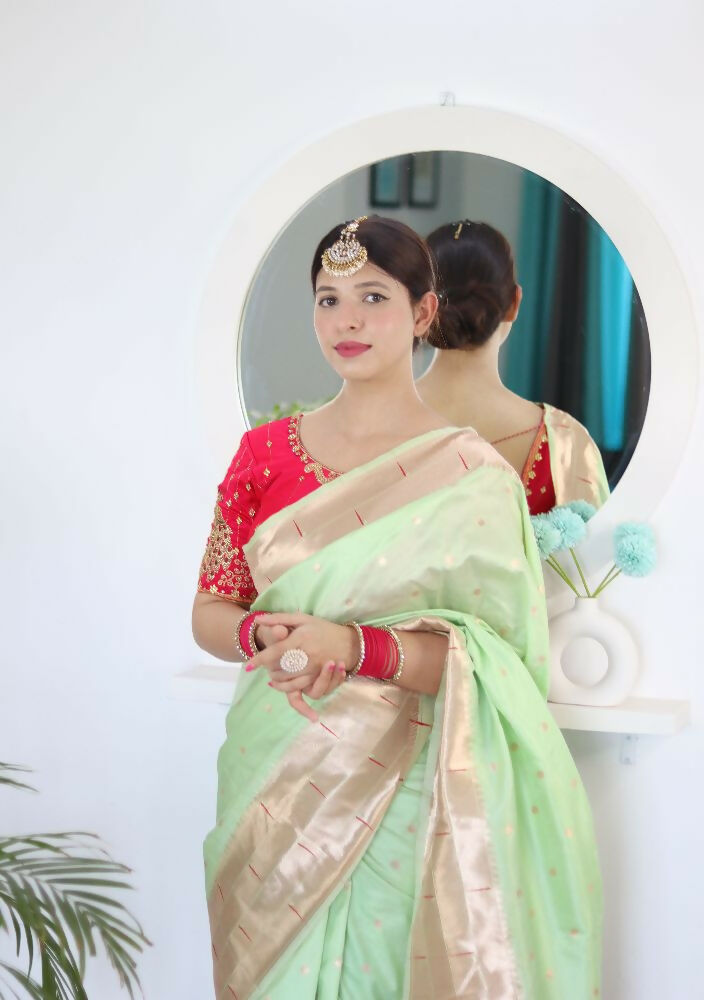 Pista Woven Jacquard Designer Embroidery Work Party Wear Saree - Parampara