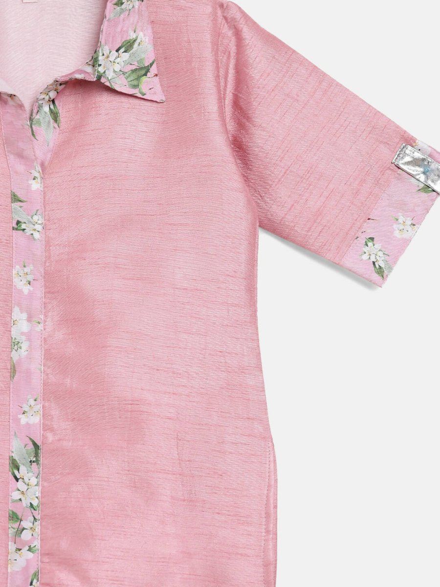 Ahalyaa Pink Poly Silk Solid Kids Kurta with Printed Pant Set For Girls