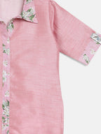 Ahalyaa Pink Poly Silk Solid Kids Kurta with Printed Pant Set For Girls