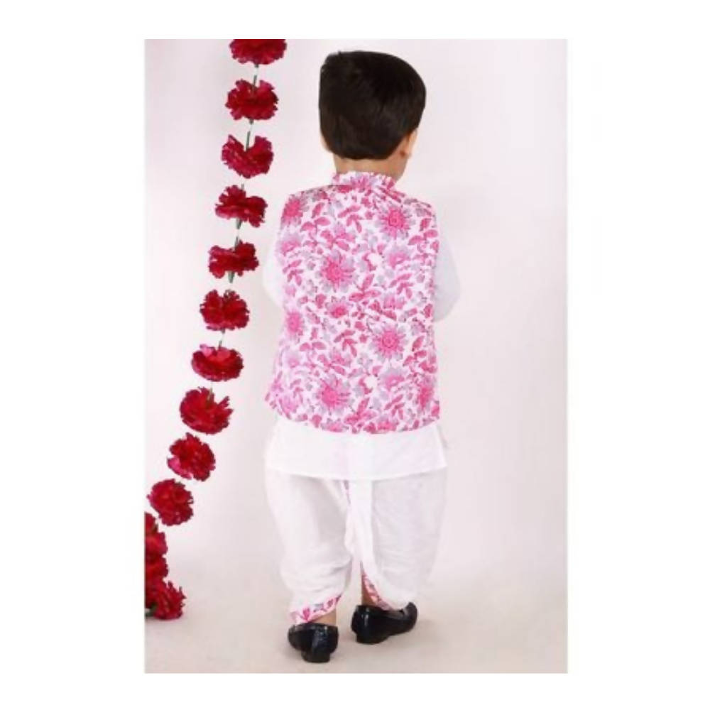 Little Bansi Boys Pink and White Color Bengali Kantha work floral Jacket with Kurta and Dhoti