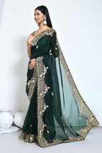 Green Organza Silk Embroidered With Stone Work Festive Saree - Nimaya Denzy