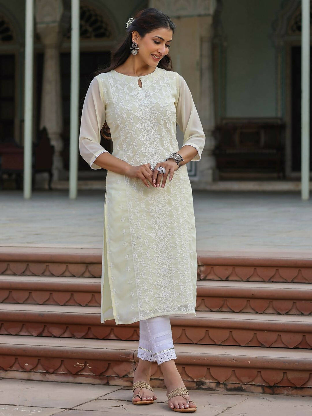 Juniper Women's Lemon Georgette Printed Kurta - Distacart