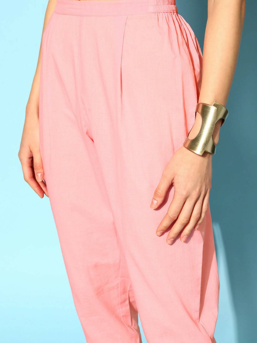 Ahalyaa Women Pink Colour Cotton Silver Foil Printed Kurta Pant Set - Distacart