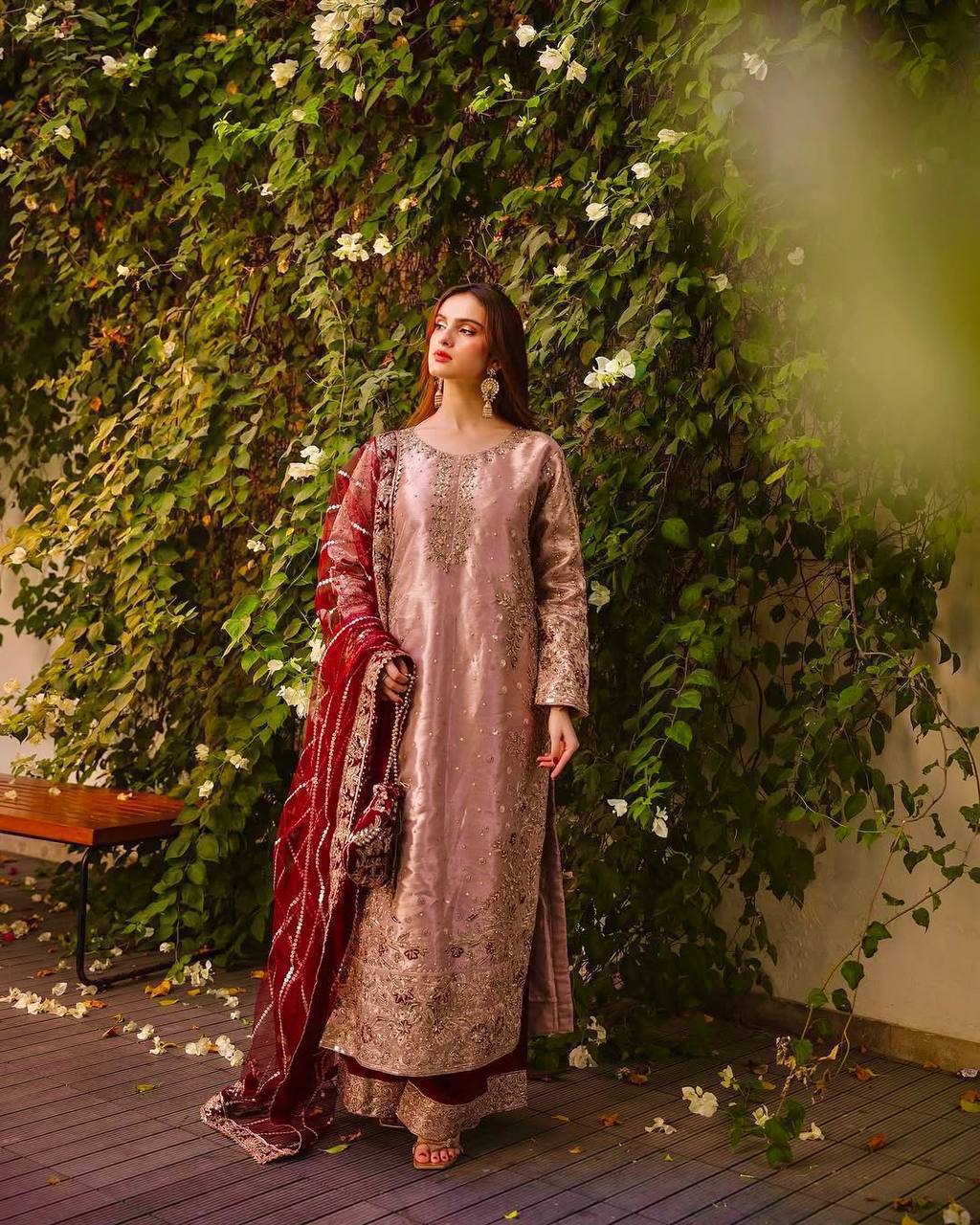 Prazu Fashion Peach Frendy Silk Embroidered Riveted Moti Work Palazzo Suit - Distacart